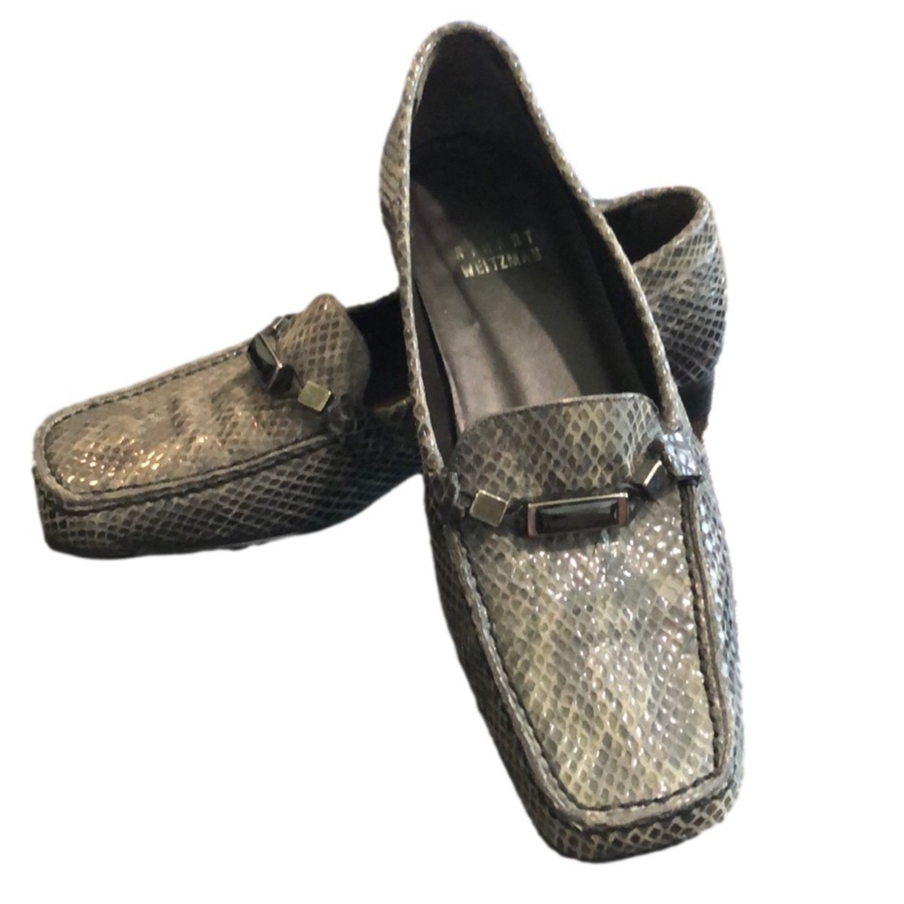 Stuart Weitzman Gray Snake Print Square Toe Loafe… - image 1